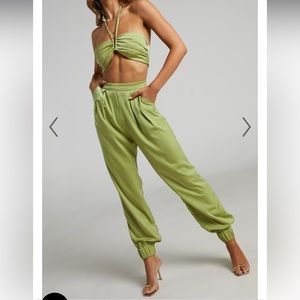 2 piece green set with crop top and jogger pants
